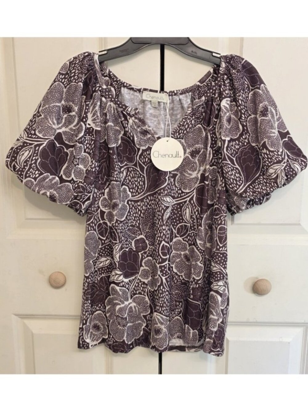 Chenault Floral Boho Top Women Brown V Neck Puff Sleeve Relaxed Fit Size small